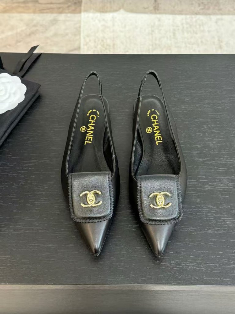 Chanel Double-C Metal Buckle Pointed Toe Open-Back Slingback Flats (Black)